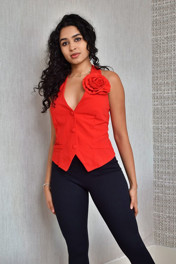 " Blazer rojo con flores 3D de otoño para mujer. - Imagen 2