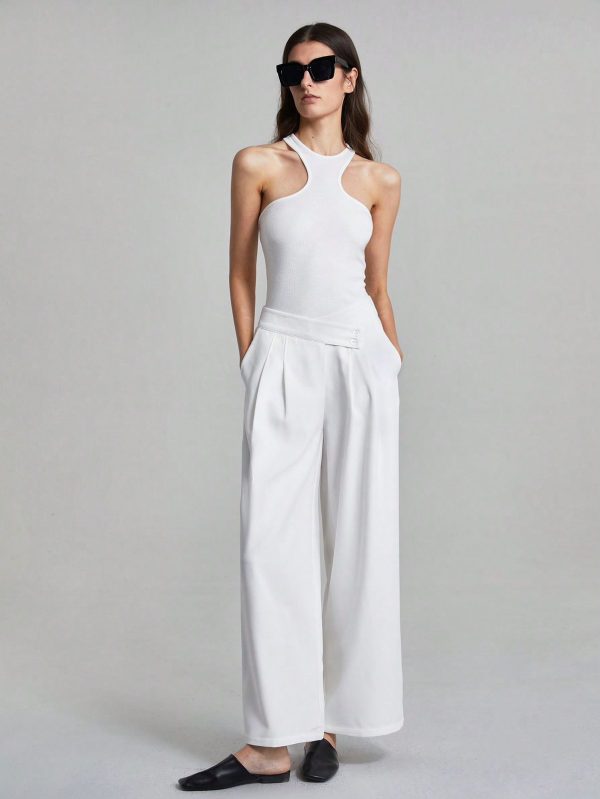 Ontre Top de punto acanalado de unicolor para mujer, camiseta básica blanca casual de punto y en negra tambien.