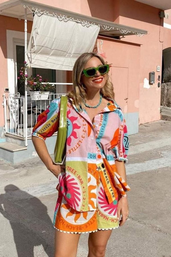 Traje de camisa tipo cárdigan con cuello de encaje para mujer ESTAMPADO DE MUCHOS COLORES - Imagen 2