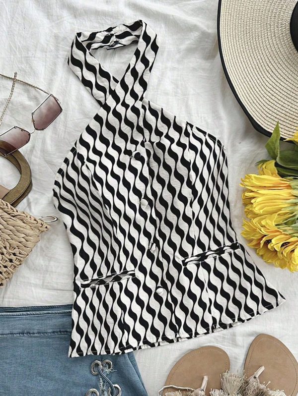 Blusa de cuello halter con estampado de ondas de agua y bolsillo, cárdigan sexy sin espalda con botones frontales para mujer.