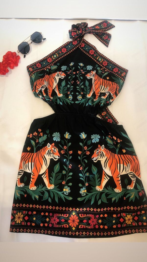 Vestido mini con estampado de vacaciones y escote halter sin espalda para mujeres