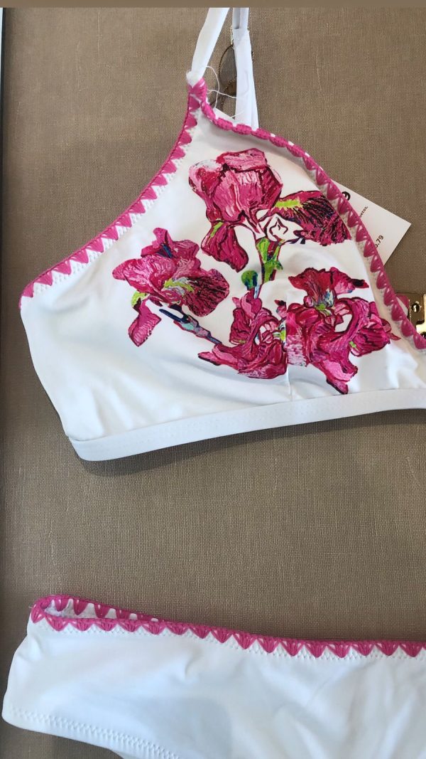 Conjunto de bikini con estampado floral de playa de verano y detalles de contraste de ribeteado