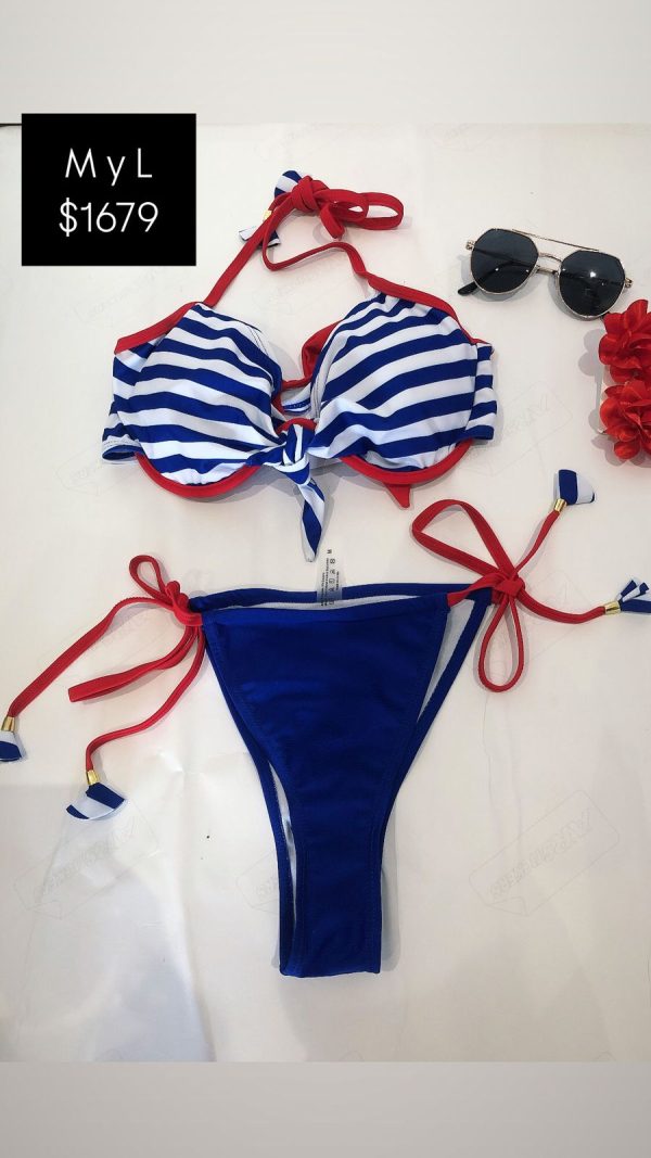 Conjunto de traje de baño de verano con estampado de rayas de contraste, atado al cuello, para vacaciones en la playa