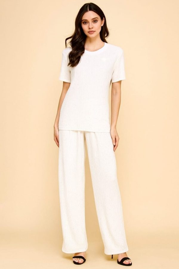 CONJUNTO DE TOP DE MANGA CORTA CON CUELLO REDONDO Y ESTRELLAS DE RAYAS + PANTALÓN DE ESTAR BLANCO CON BRILLANTES